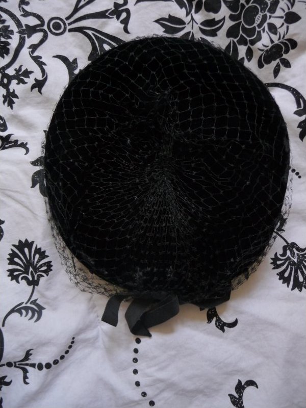 Vintage Black Velvet Pillbox Hat with Netting Mesh