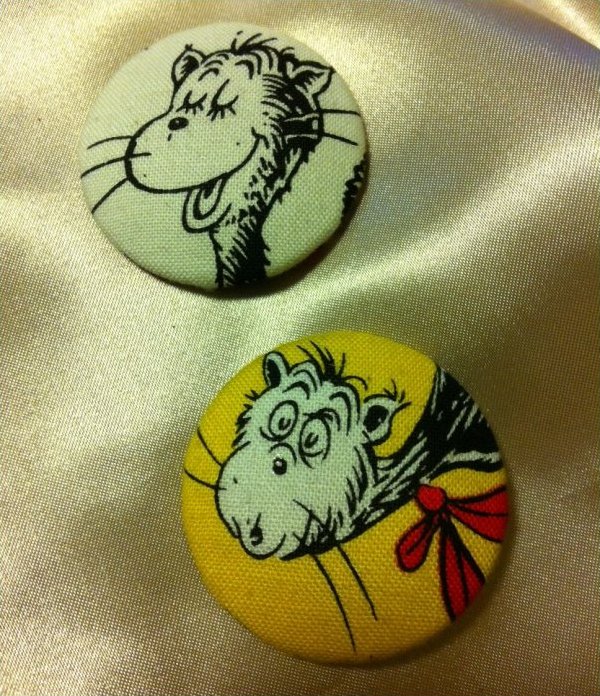 Set of 2 Extra Large Dr Seuss Cat in the Hat Retro Fabric Buttons 1 1/2