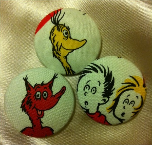 Set of 3 Extra Large Dr Seuss Cat in the Hat Retro Fabric Buttons 1 1/2