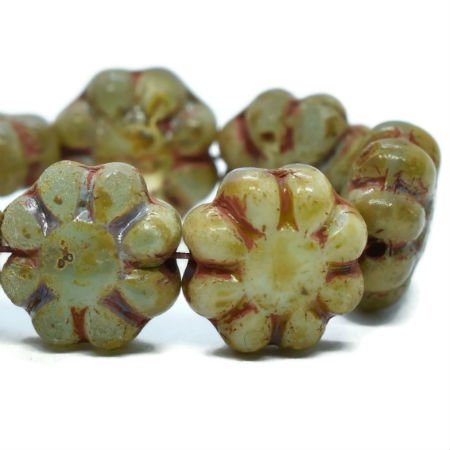 Czech Glass Bead Strand: Cactus Flower 9mm - Artichoke with Picasso Finish