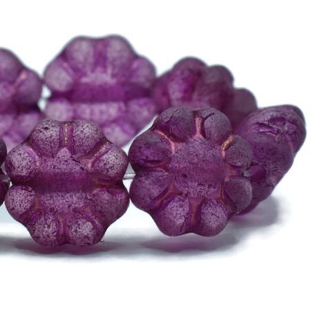 Czech Glass Bead Strand: Cactus Flower 9mm - Purple Pansy with an Etched Finish and a Purple Wash