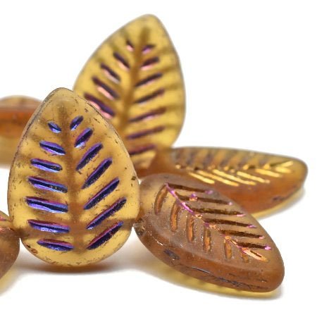 Czech Glass Bead Strand: Dogwood Leaves 12x16mm - Amber with Metallic Purple and Metallic Volcano Washes