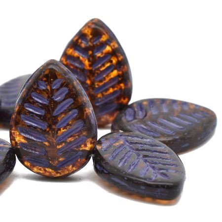 Czech Glass Bead Strand: Dogwood Leaves 12x16mm - Amber with Picasso Finish and Purple Wash