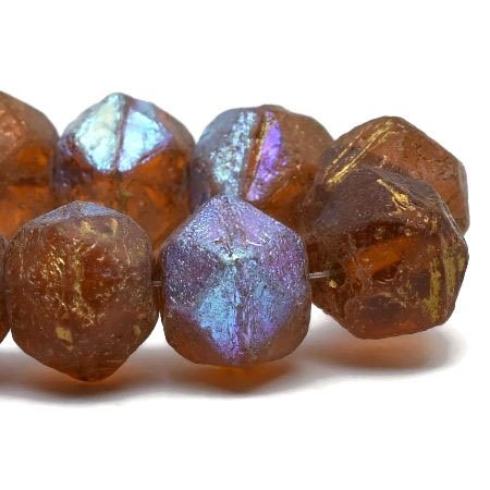 Czech Glass Bead Strand: English Cut 10mm - Pumpkin with Etched and AB Finishes and a Gold Wash