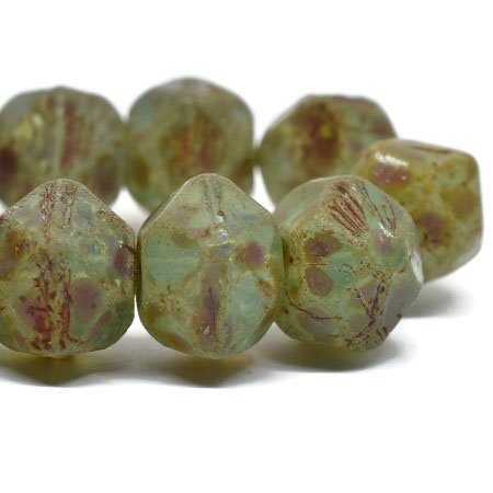 CLEARANCE Czech Glass Bead Strand: English Cut 10mm - Sea Green with Picasso Finish and Coral Wash