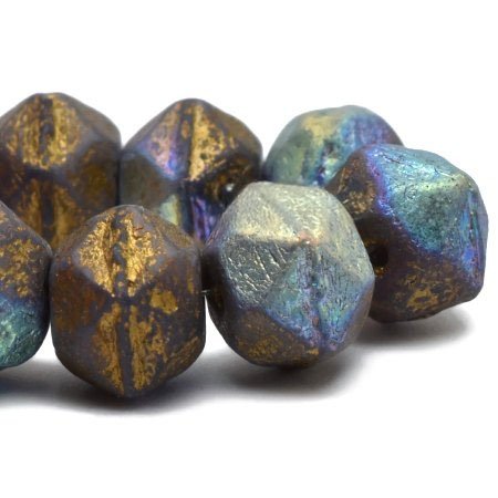 Czech Glass Bead Strand: English Cut 10mm - Thistle with Etched, Gold, and AB Finishes
