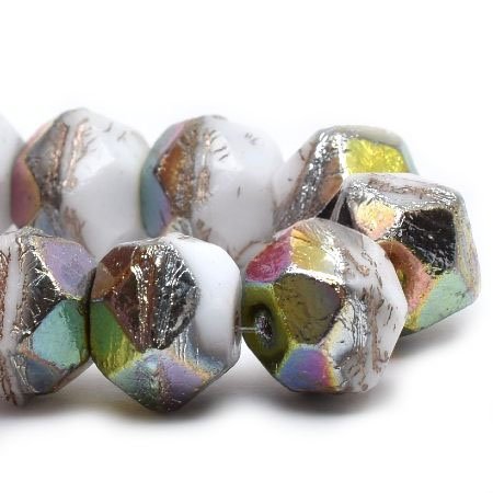 Czech Glass Bead Strand: English Cut 10mm - White with an AB Finish and a Metallic Beige Wash