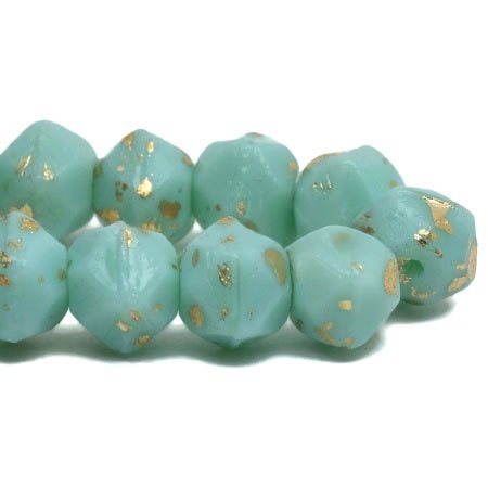 Czech Glass Bead Strand: English Cut 8mm - Mint with Gold Finish