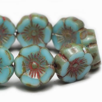 Czech Glass Bead Strand: Hibiscus Flower 12mm - Medium Sky Blue with Picasso Finish