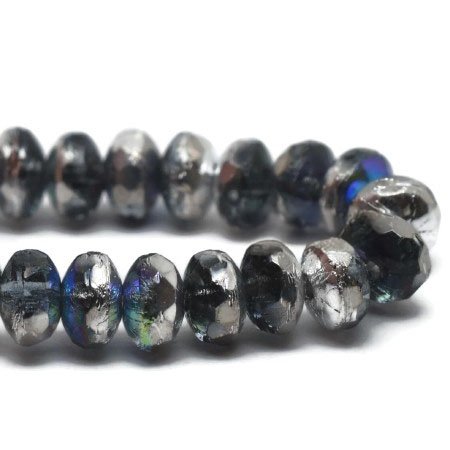Czech Glass Bead Strand: Rondelle 2x3mm - Dark Grey with Silver and AB Finishes