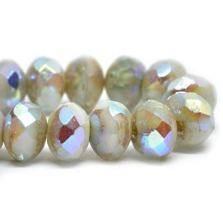 Czech Glass Bead Strand: Rondelle 3x5mm - Tea Green and White with  Antique Silver and AB Finishes