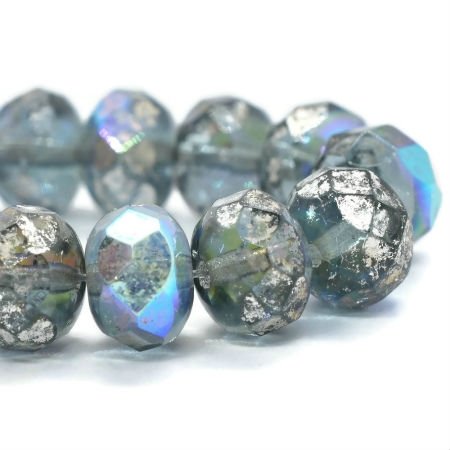 Czech Glass Bead Strand: Rondelle 6x8mm - Pale Blue with AB & Mercury Finish