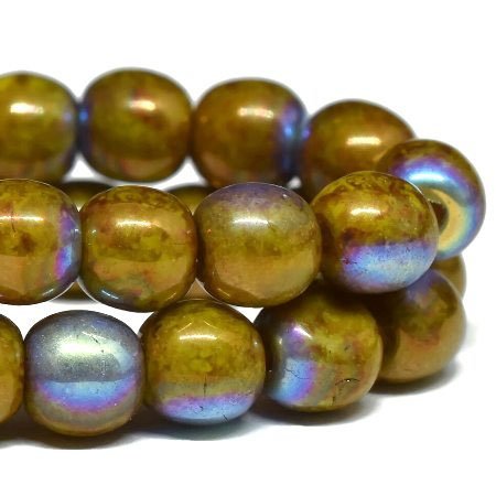 Czech Glass Bead Strand: Round Druk 4mm - Dandelion with Gold and AB Finishes