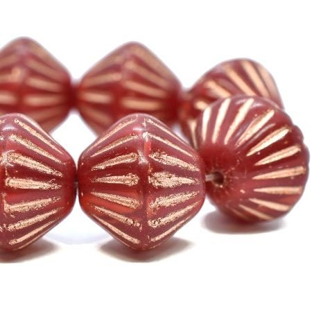 Czech Glass Bead Strand: Tribal Bicone 11mm - Ruby and Ladybug Red with Copper Wash