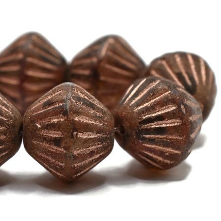 Czech Glass Bead Strand: Tribal Bicone 11mm - Transparent Glass and Orange with a Picasso Finish and a Copper Wash