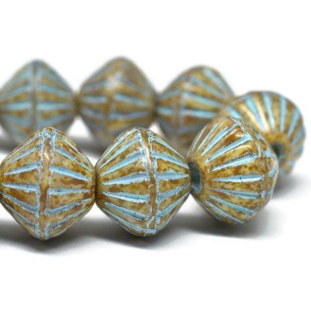 Czech Glass Bead Strand: Tribal Bicone 9mm - Large Hole - Honey with Picasso Finish and Turquoise Wash