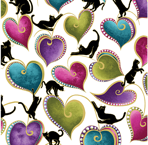 Broadcloth Print 100 Cotton Cat I Tude Hearts Cats White Multi broadcloth-print-100-cotton-cat-i-tude-hearts-cats-white-multi