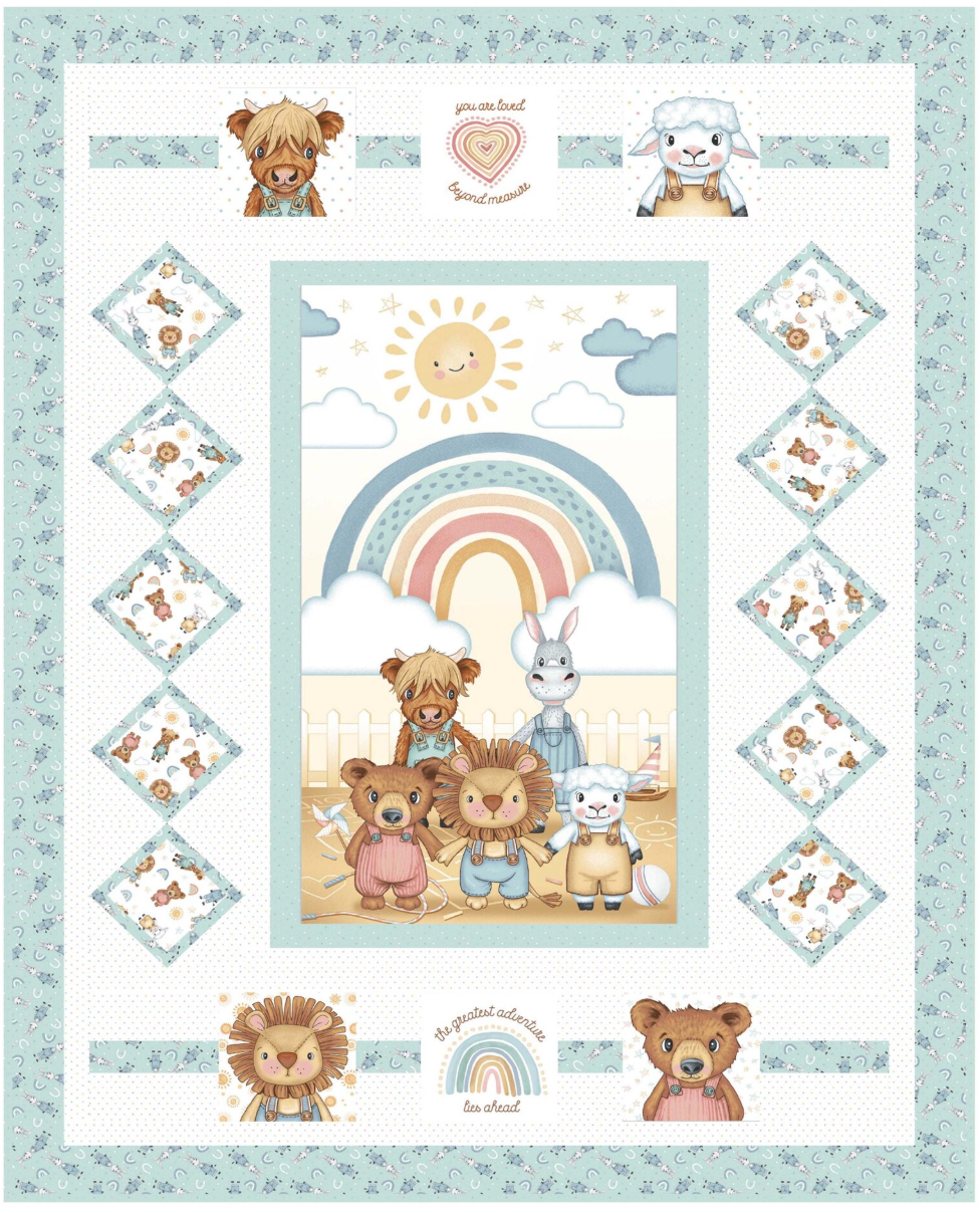 Boho Buddies Quilt Kit 56 x 73 All Together by Bound to Be Quilting Henry Glass Kid's Quilt Bear Lion Donkey Blue