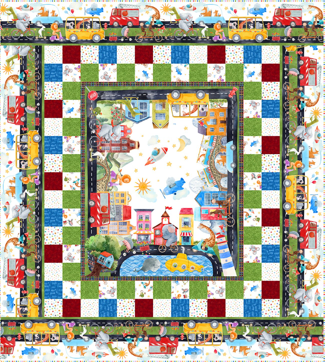 On the Go Quilt Kit 71 by 79 In the Beginning Animals Bicycles Kids