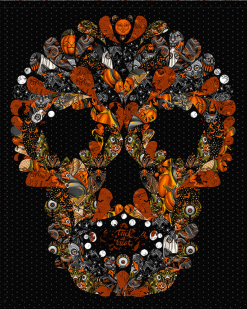 Skellington Wall Hanging Quilt Kit 34 by 42 Halloween Skull Applique Costumes and Cobwebs Club Hauer Free Spirit Fabric