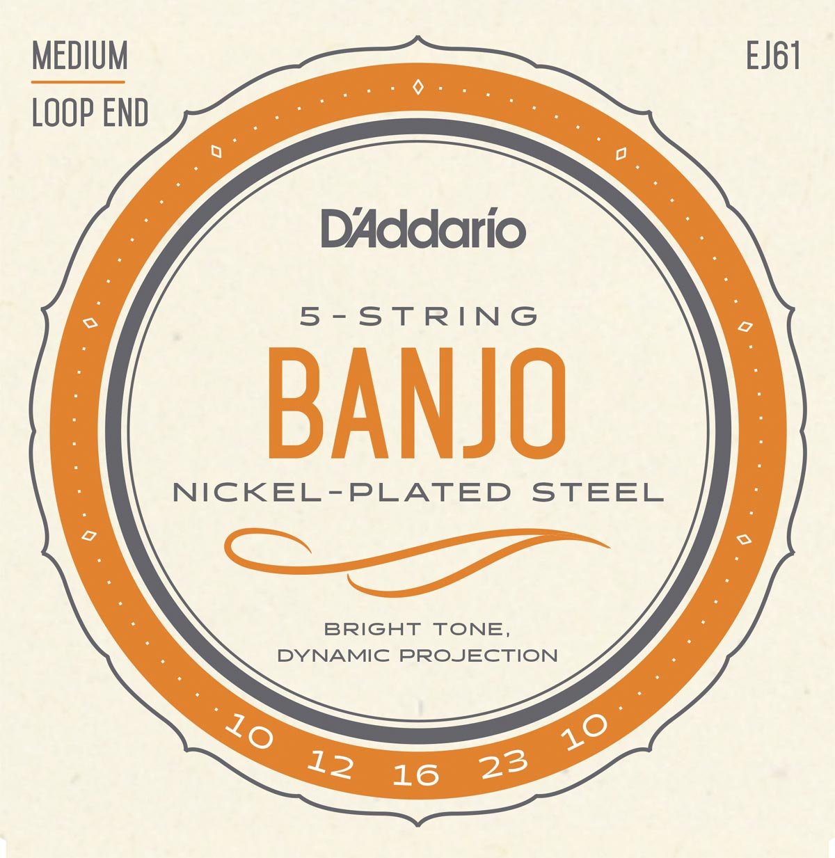 D'Addario 10-23 EJ61 5-String Banjo Strings, Nickel, Medium 