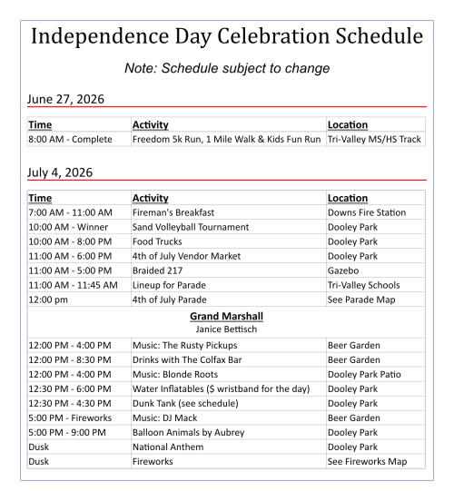 4th of July Schedule of Events