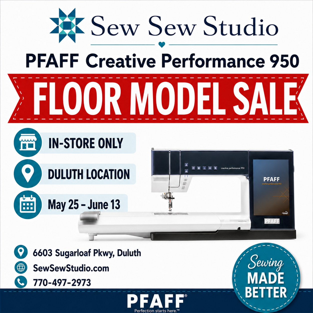PFAFF Creative Performance 950 floor model sale ad for Sew Sew Studio Duluth