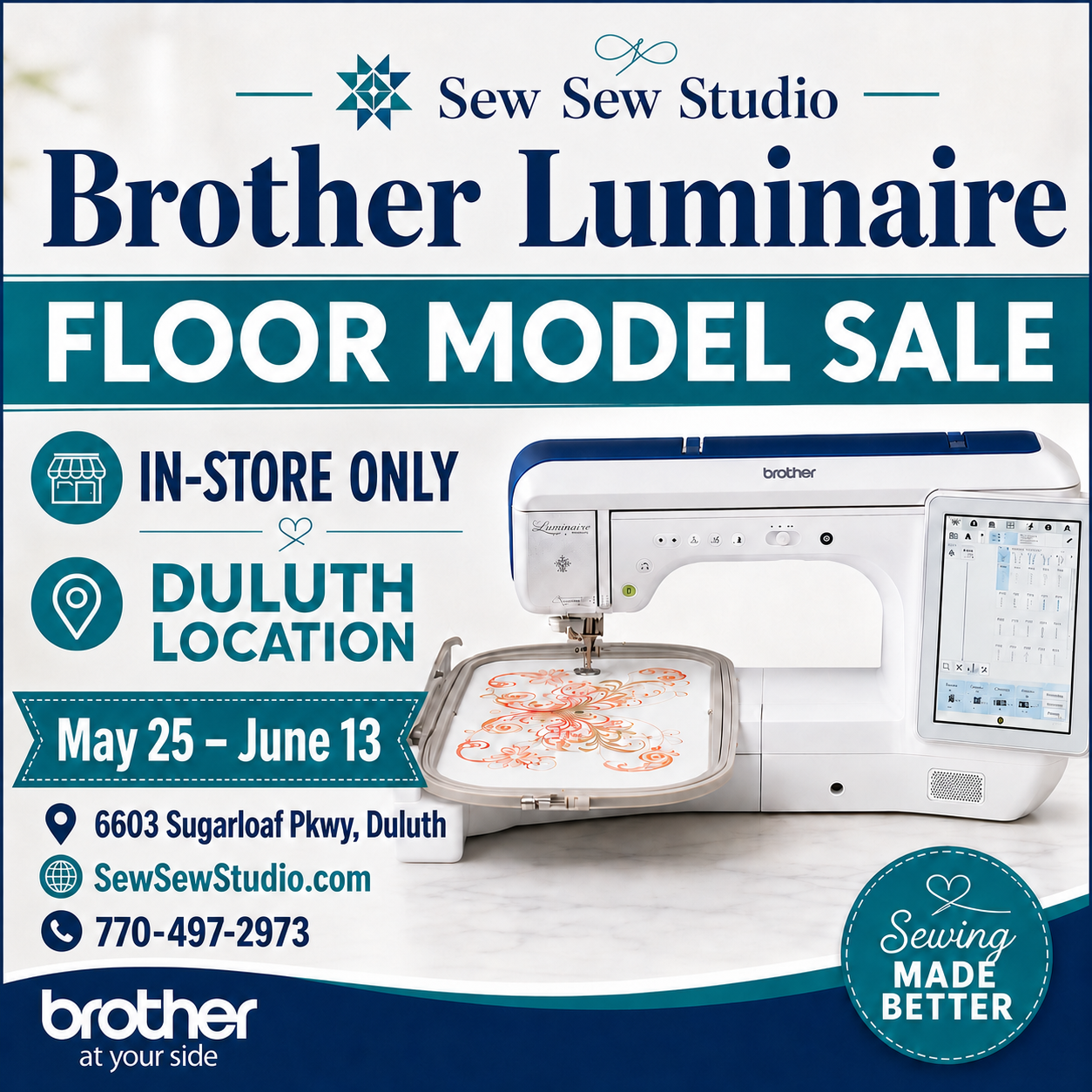 Brother Luminaire floor model sale ad for Sew Sew Studio Duluth