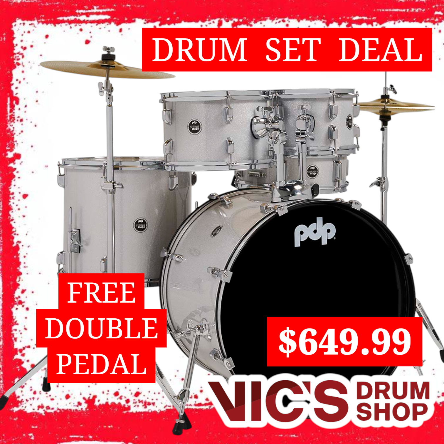 PDP Center Stage Diamond White Sparkle 5pc Kit 7x10 8x12 14x16F 16x22 5x14 Snare. Hardware Cymbals & Throne Included