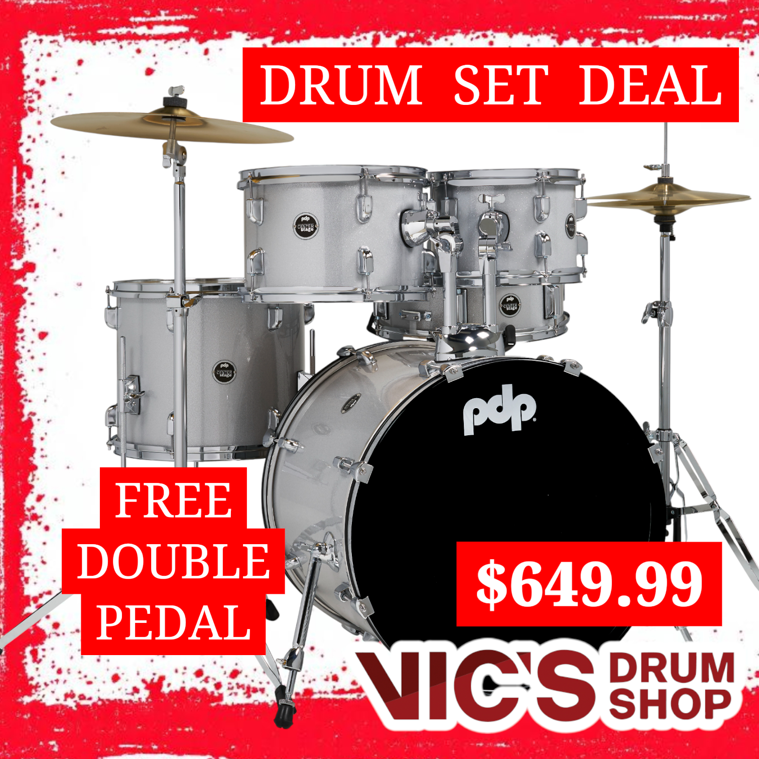 PDP Center Stage Diamond White Sparkle Drum Kit with Cymbals