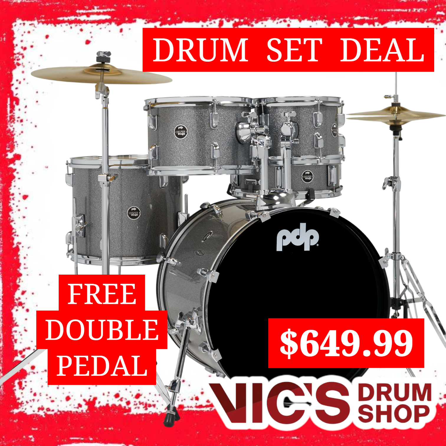 PDP Center Stage Silver Sparkle 5pc Kit 7x10 8x12 12x14F 14x20 5x14 Snare. Hardware Cymbals & Throne Included