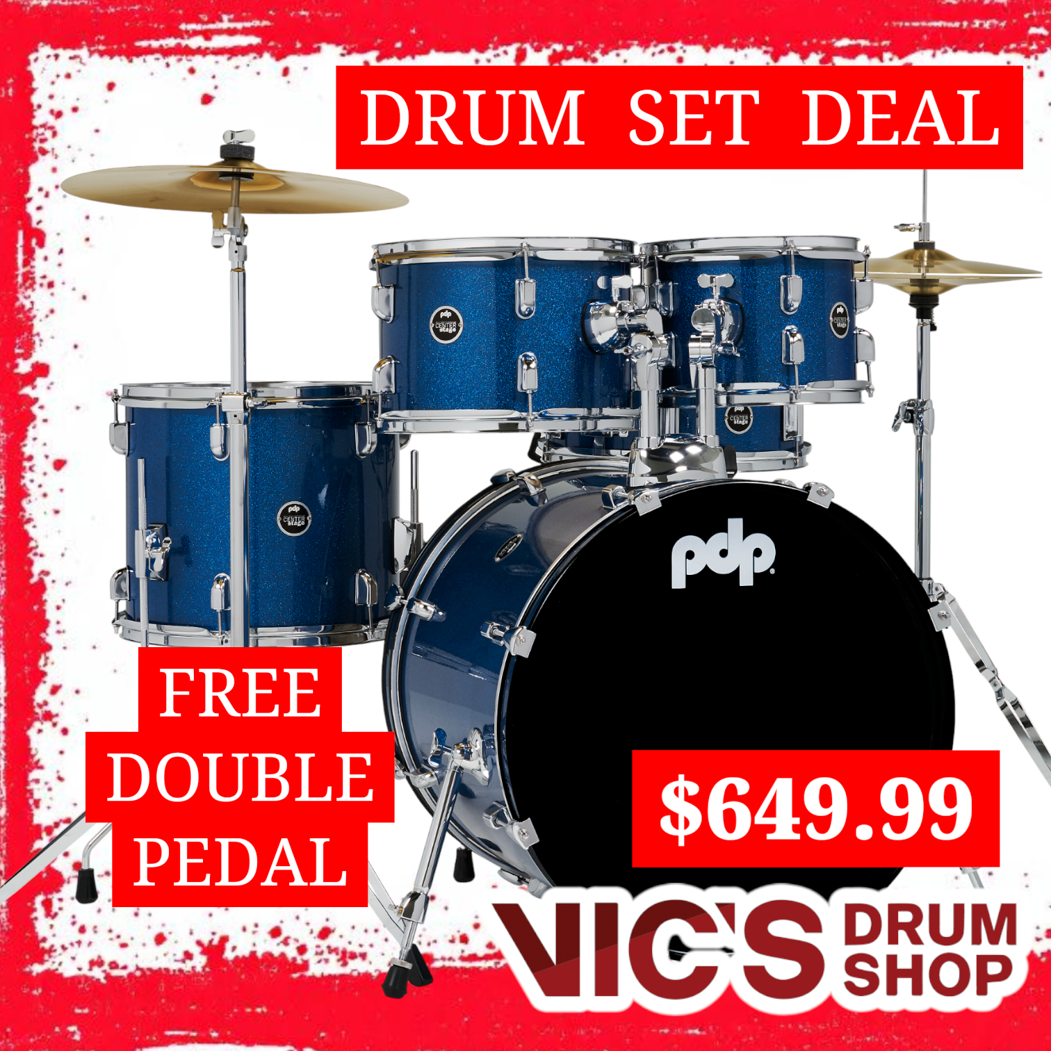 PDP Center Stage Royal Blue Sparkle 5pc Kit 7x10 8x12 12x14F 14x20 5x14 Snare. Hardware Cymbals & Throne Included