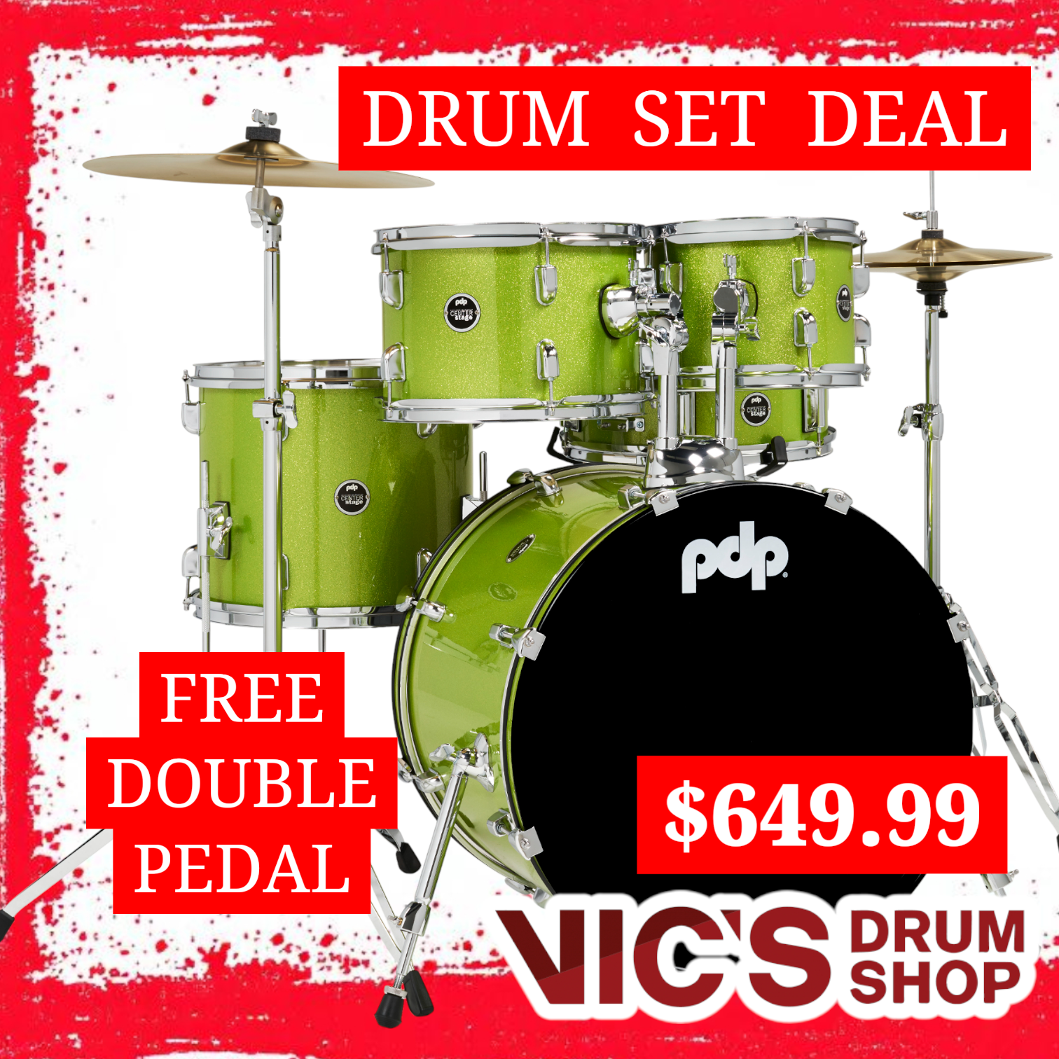 PDP Center Stage Electric Green Sparkle 5pc Kit 7x10 8x12 12x14F 14x20 5x14 Snare. Hardware Cymbals & Throne Included