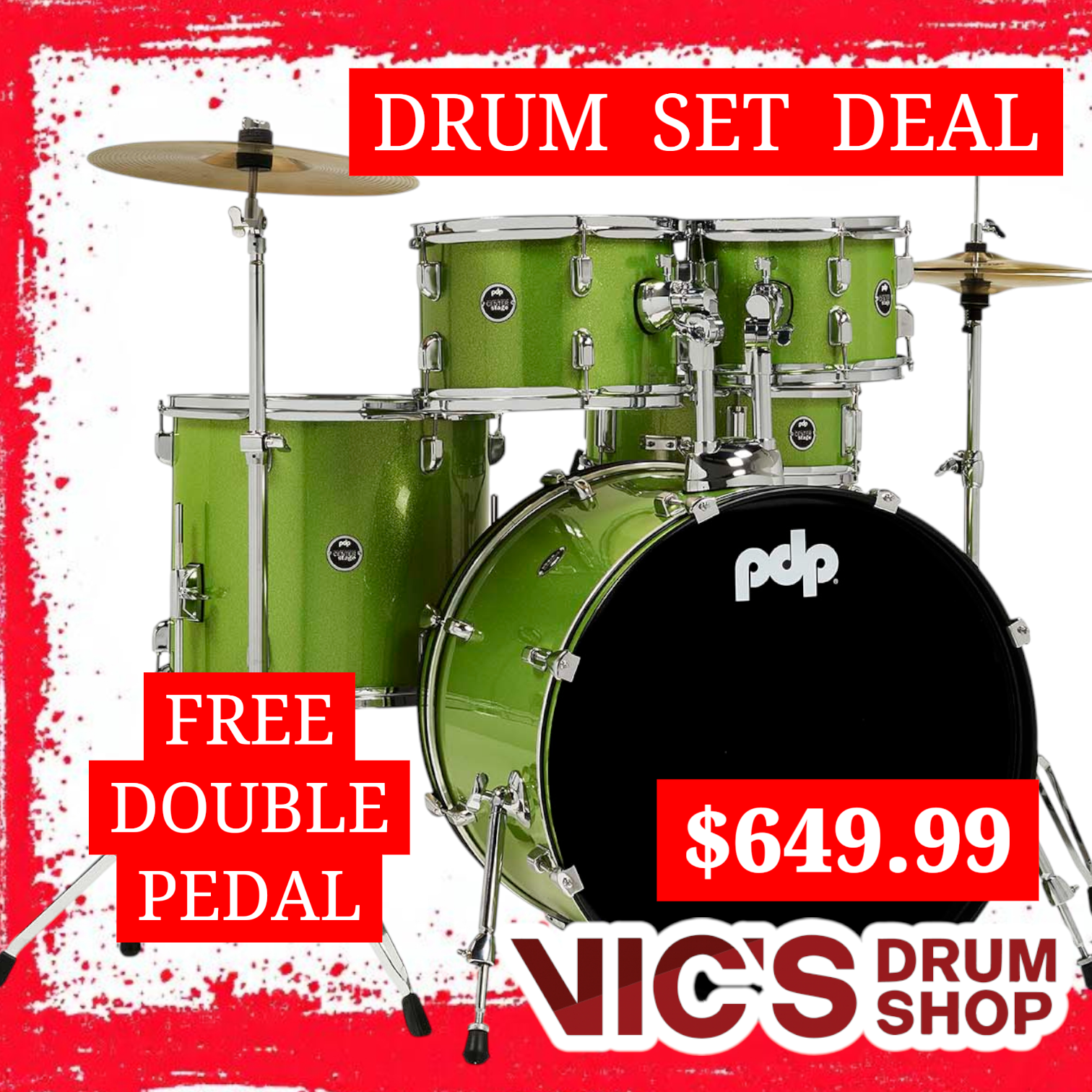 PDP Center Stage Electric Green Sparkle 5pc Kit 7x10 8x12 14x16F 16x22 5x14 Snare. Hardware Cymbals & Throne Included