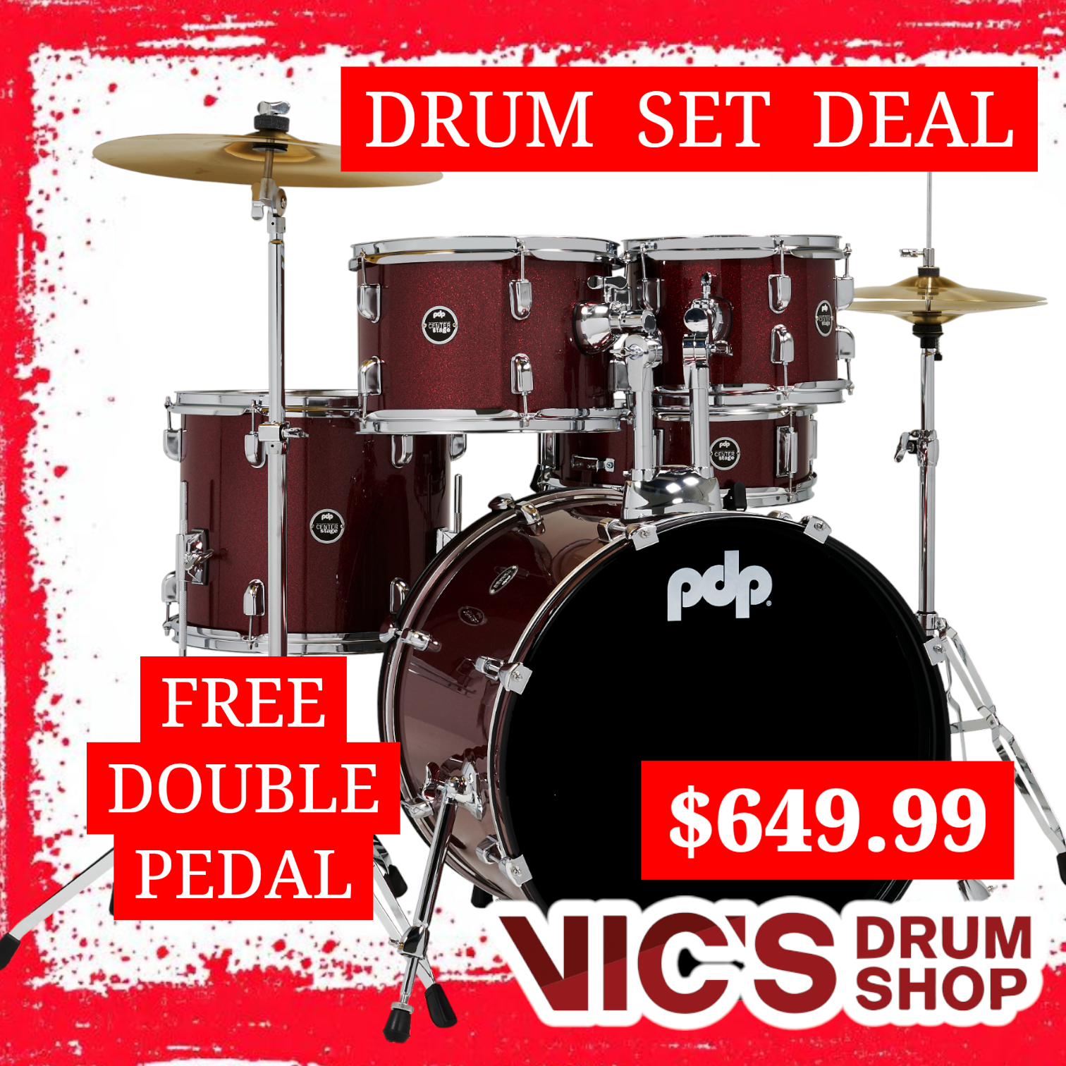 PDP Center Stage Ruby Red Sparkle 5pc Kit 7x10 8x12 12x14F 14x20 5x14 Snare. Hardware Cymbals & Throne Included