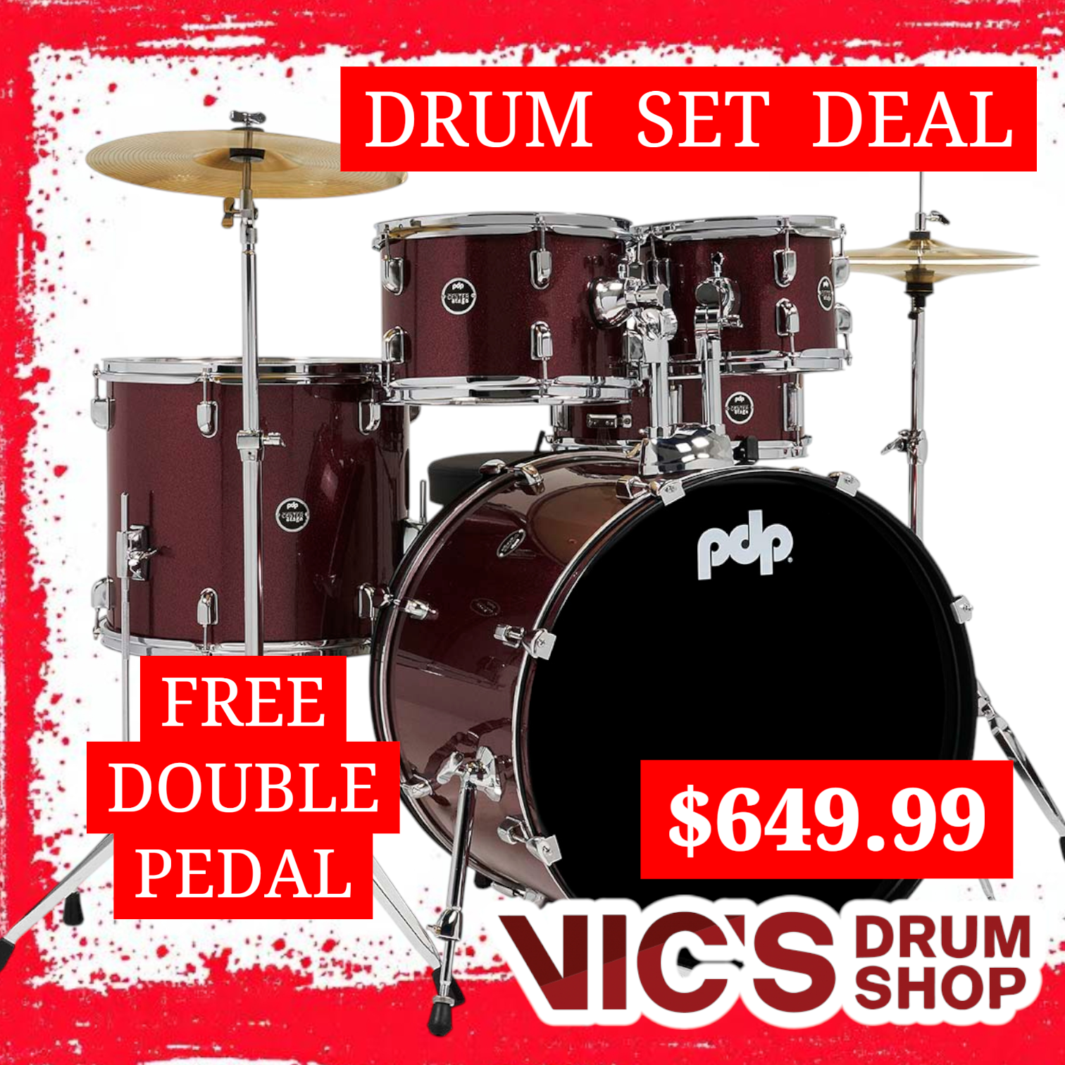 Black Friday PDP Center Stage Ruby Red Sparkle 5pc Kit 7x10 8x12 14x16F 16x22 5x14 Snare. Hardware Cymbals & Throne Included