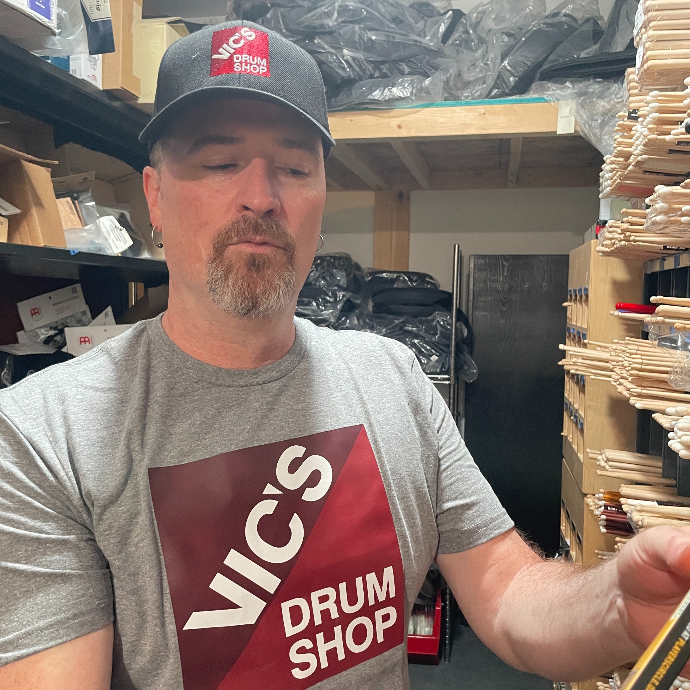 Vic's Drum Shop Logo Tee Shirt | Heather Grey, Maroon Logo | XL