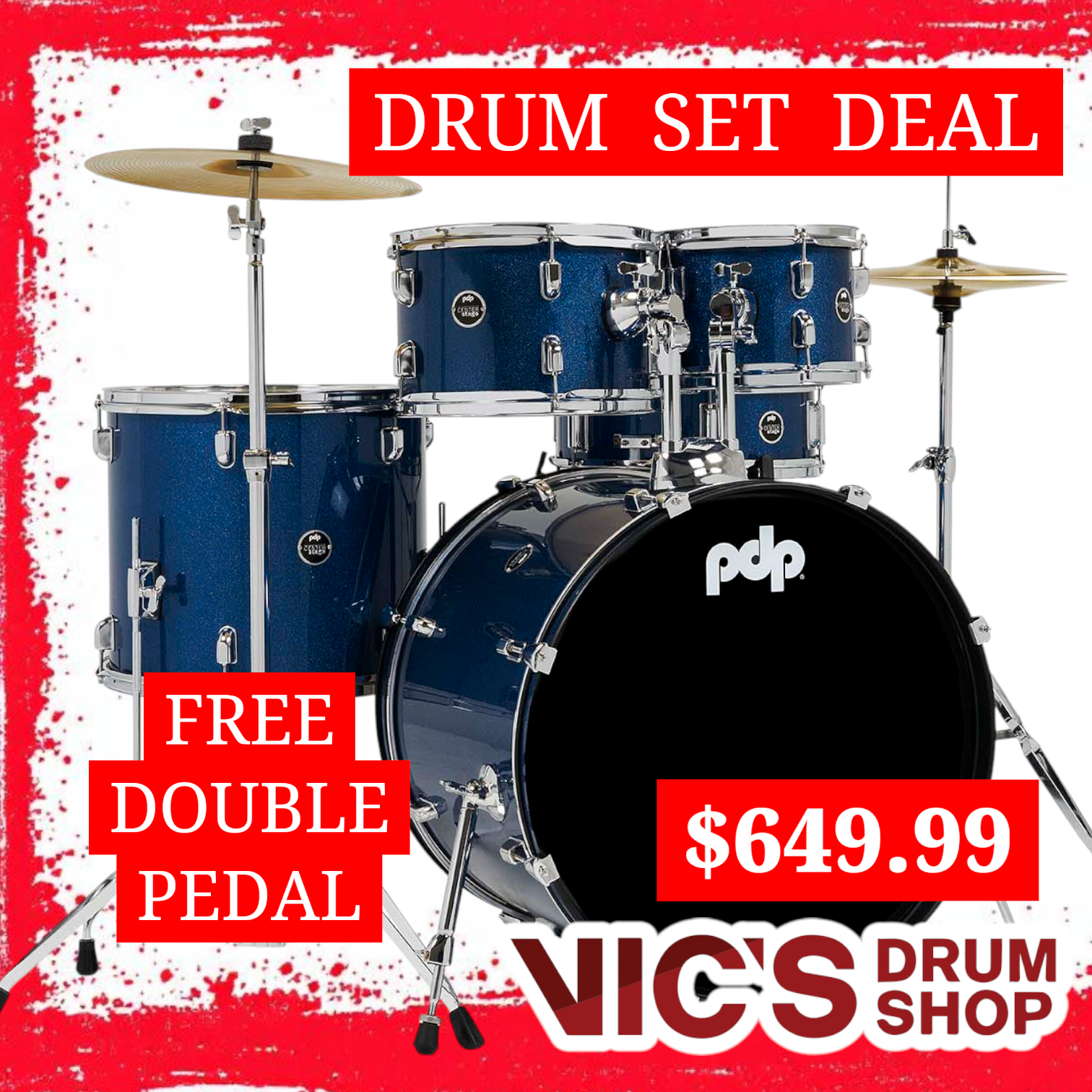 PDP Center Stage Royal Blue Sparkle 5pc Kit 7x10 8x12 14x16F 16x22 5x14 Snare. Hardware Cymbals & Throne Included