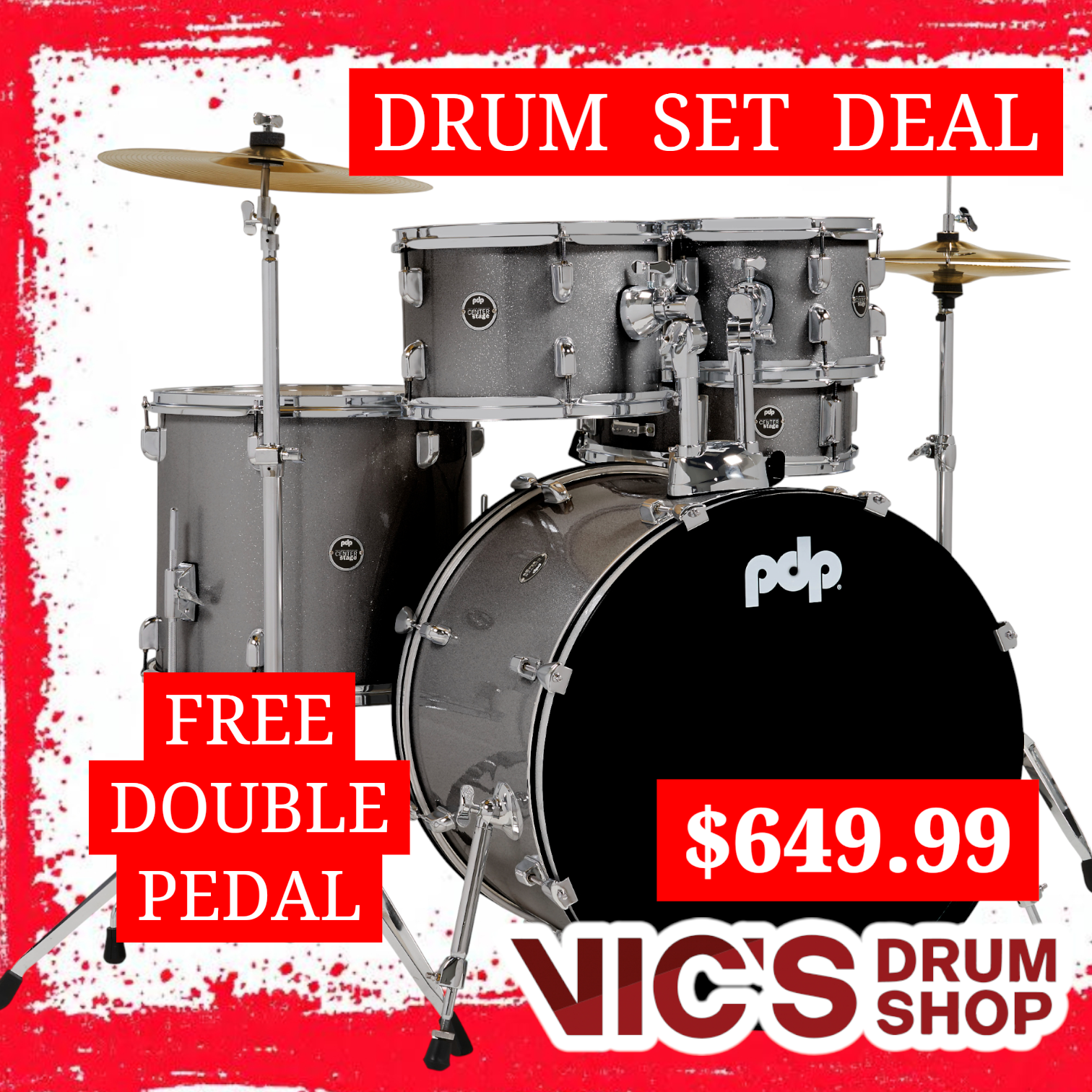 Black Friday PDP Center Stage Silver Sparkle 5pc Kit 7x10 8x12 14x16F 16x22 5x14 Snare. Hardware Cymbals & Throne Included
