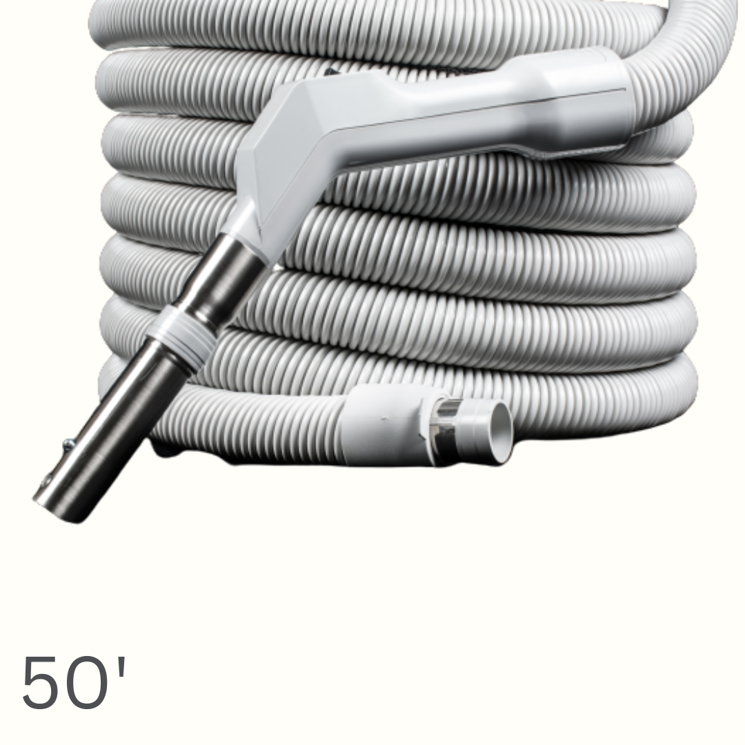 50' Low Voltage Central Vacuum Hose – Pistol Grip, Button Lock, 1-3/8 Diameter