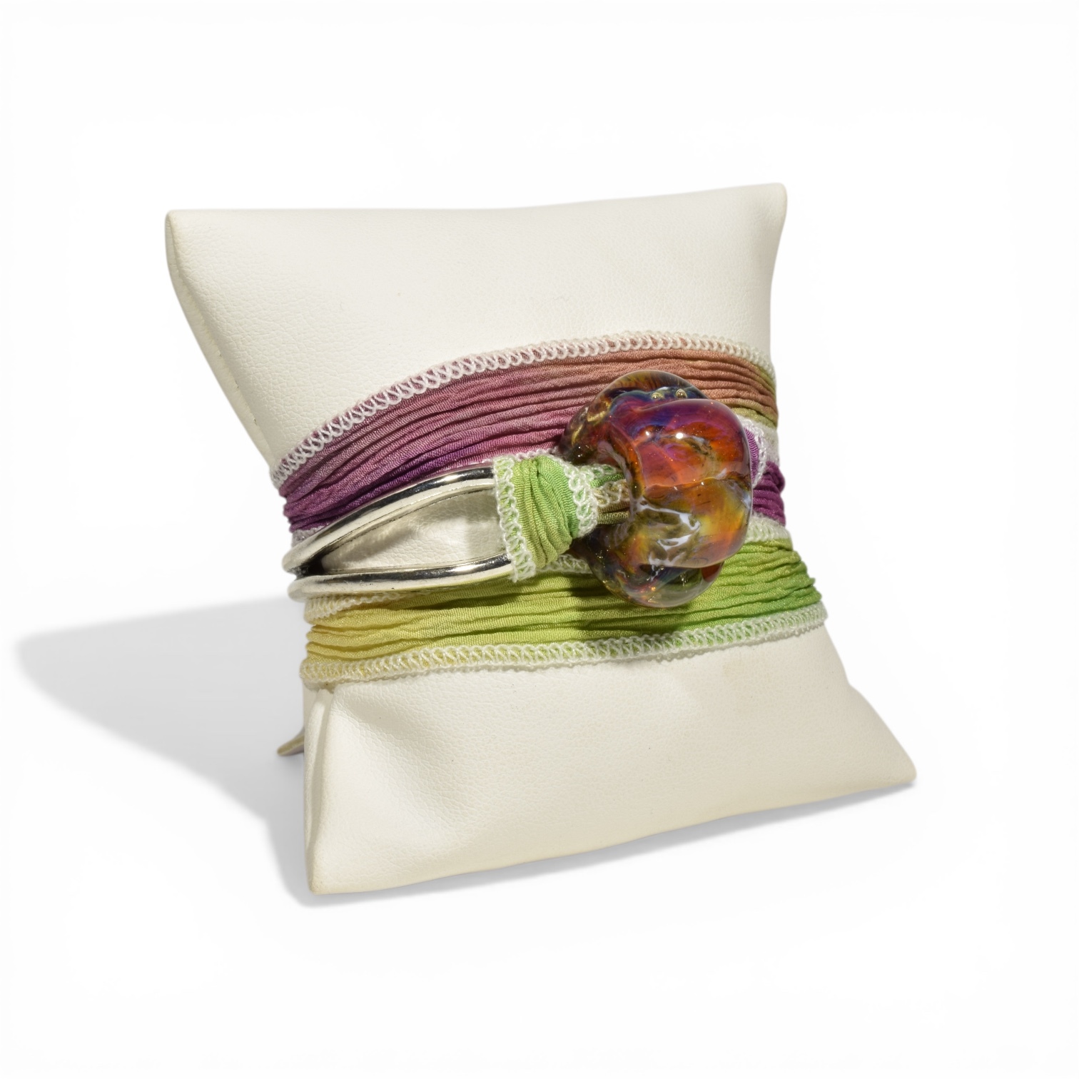Art Glass Silk Wrap Bracelet  - Multi Melon Bead on lavender and lime silk ribbon