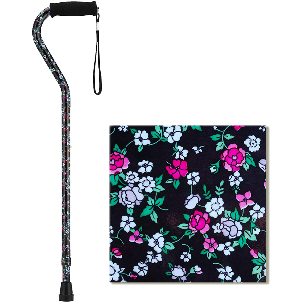 NOVA 1070BF BLACK WITH FLOWERS CANE WITH OFFSET HANDLE AND CARRYING STRAP FITS 4'11 TO 6'4 300LB WT CAP