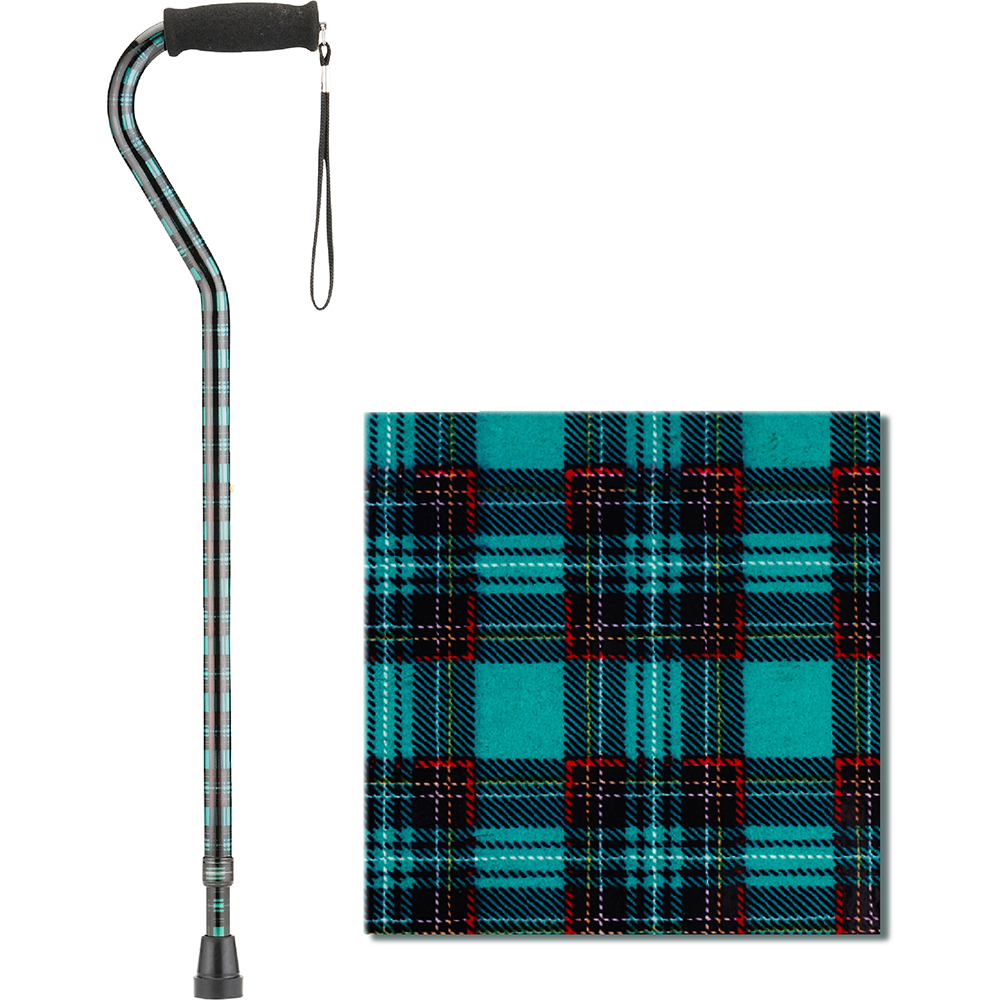 NOVA 1070BP GREEN PLAID CANE WITH OFFSET HANDLE AND CARRYING STRAP, FITS USER 4'11 TO 6'4 300LB WT CAP