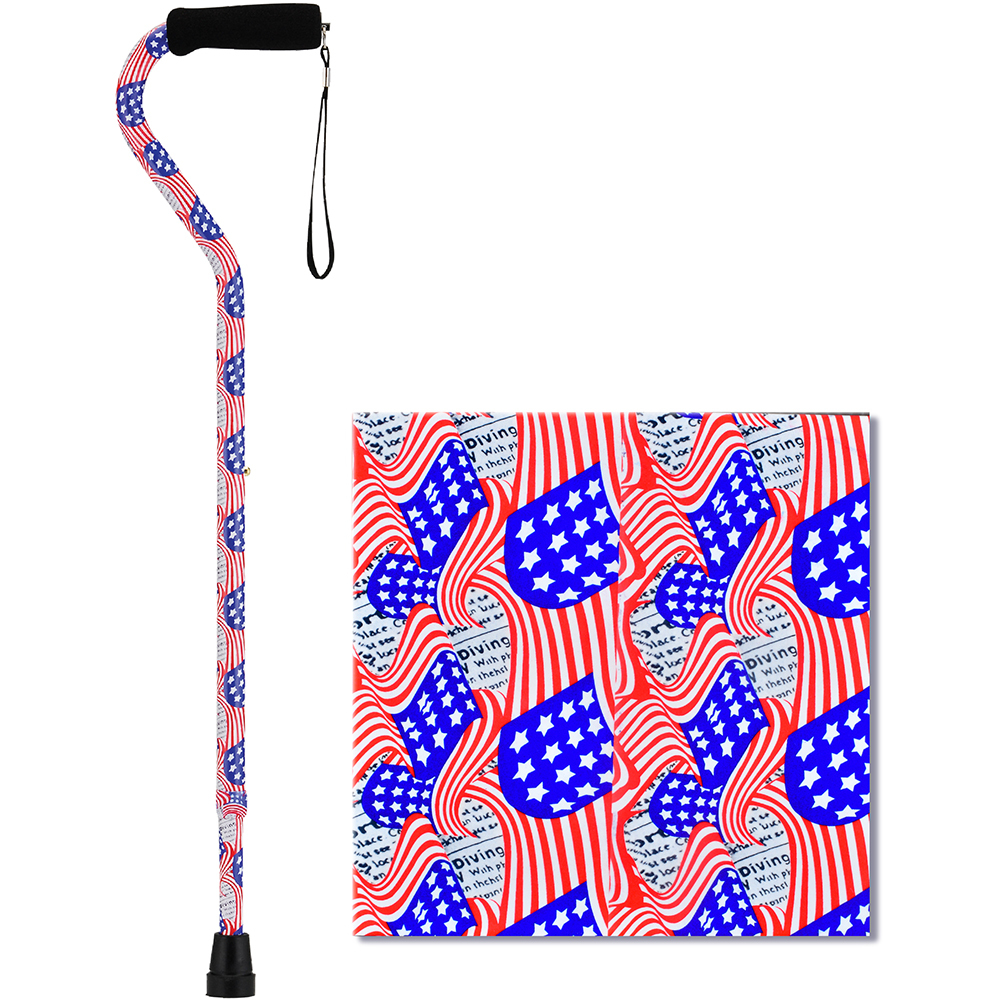 NOVA 1070US STARS AND STRIPES CANE WITH OFFSET HANDLE AND CARRYING STRAP, FITS USER 4'11 TO 6'4 300LB WT CAP