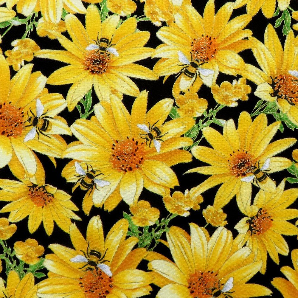 Kanvas Buzzworthy 9974M-12 Sunflower Bees & Floral Black Metallic