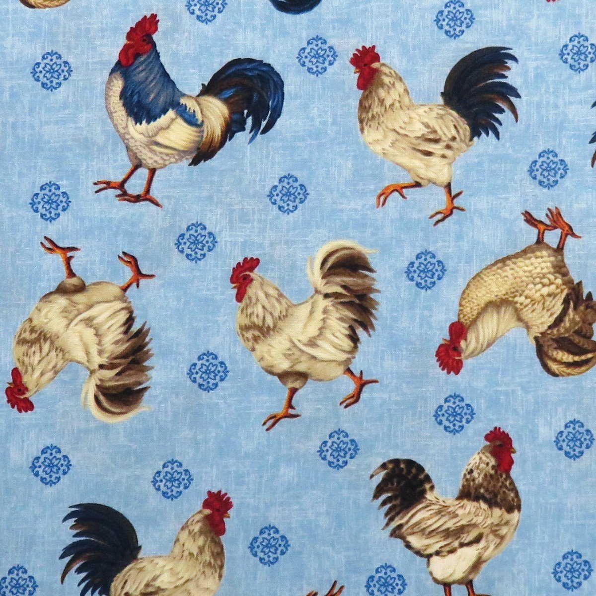 American Folk 3215-11 Tossed Chickens Rosters Blue for Studio E Fabrics 