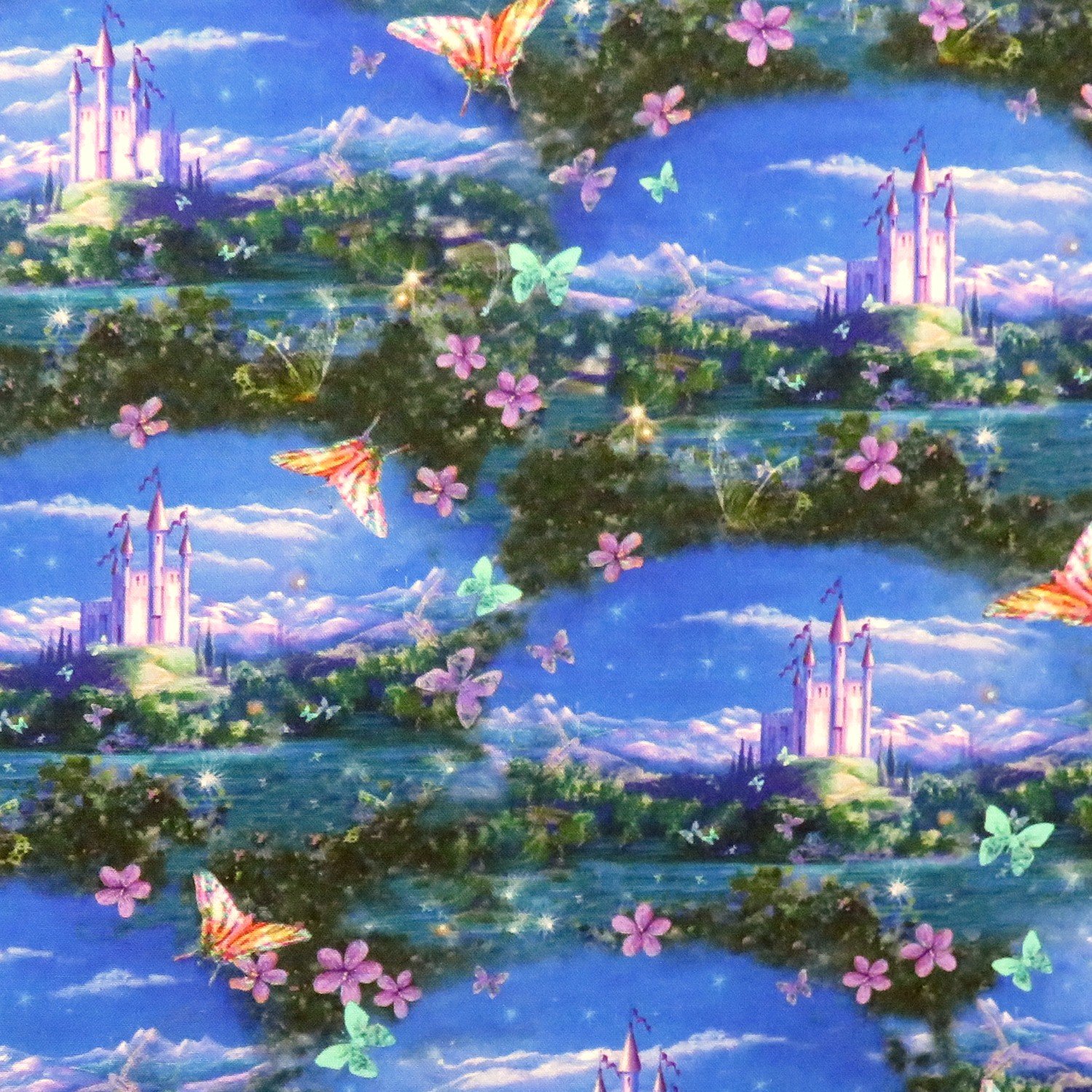 Dreamland 24277-B Blue Butterflies and Princess Castle a Fairytale for QT Fabrics
