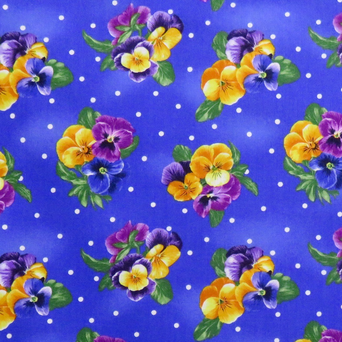 Flowerhouse Brightly So 21171-4 Blue Spaced Pansies with Polka Dots for Robert Kaufman