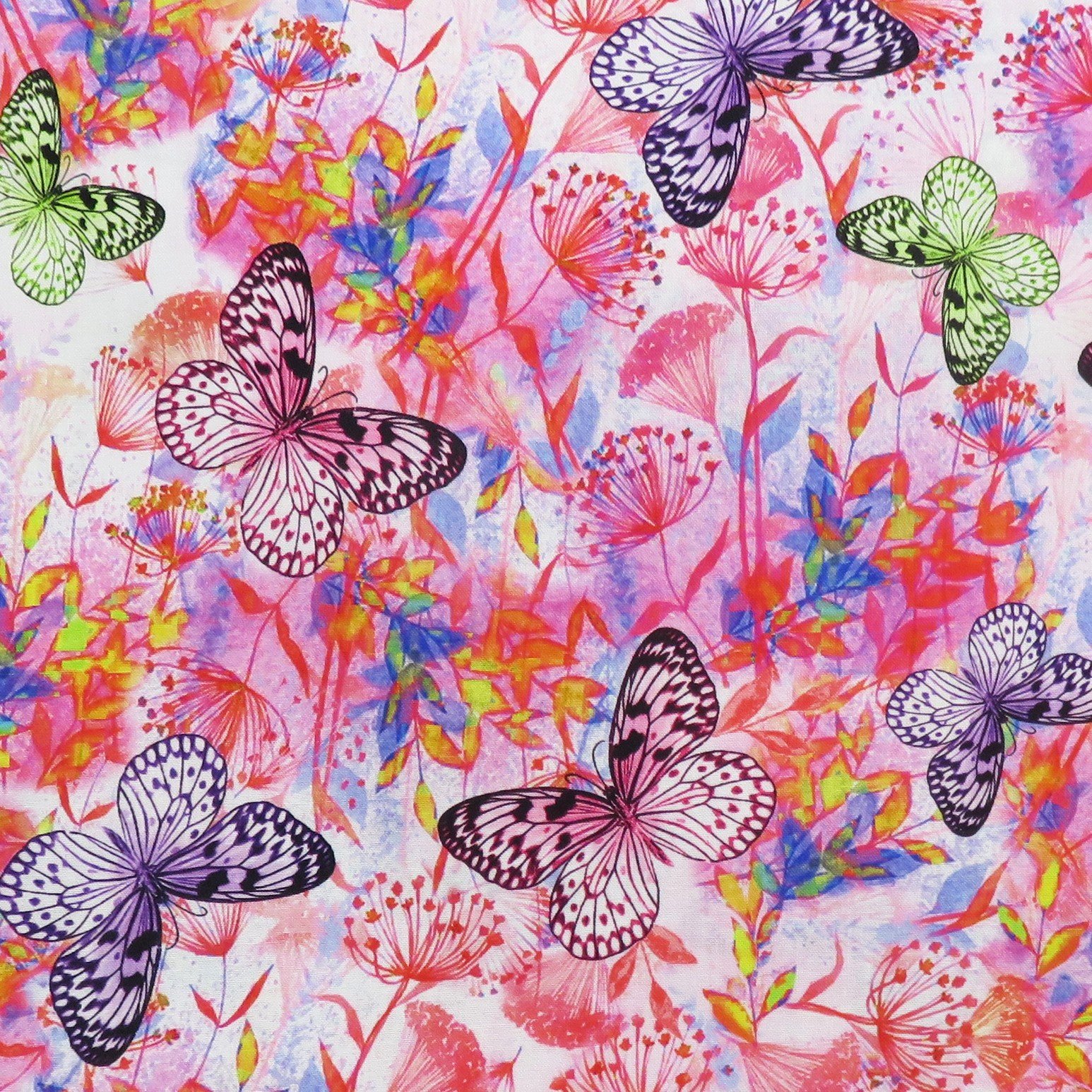 Neon Nature Watercolor CD1498 Pink Floral & Butterflies by Timeless Treasures 