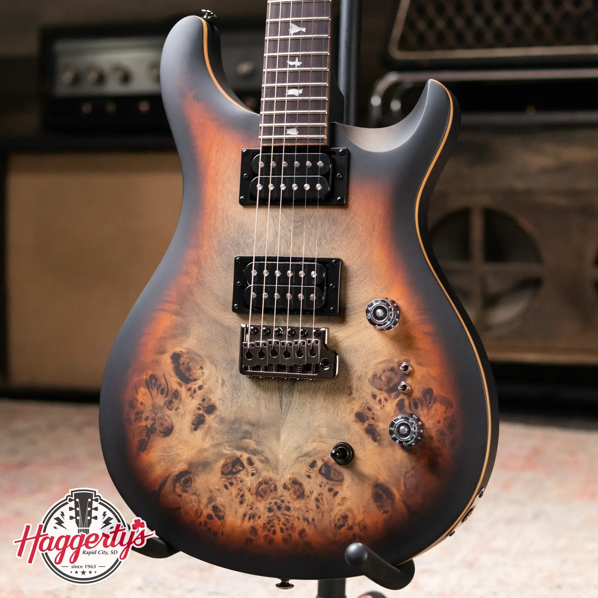 PRS SE Exotic Custom 24-08 Poplar Burl Electric Guitar - Charcoal Cherry Midnight Burst with Gig Bag